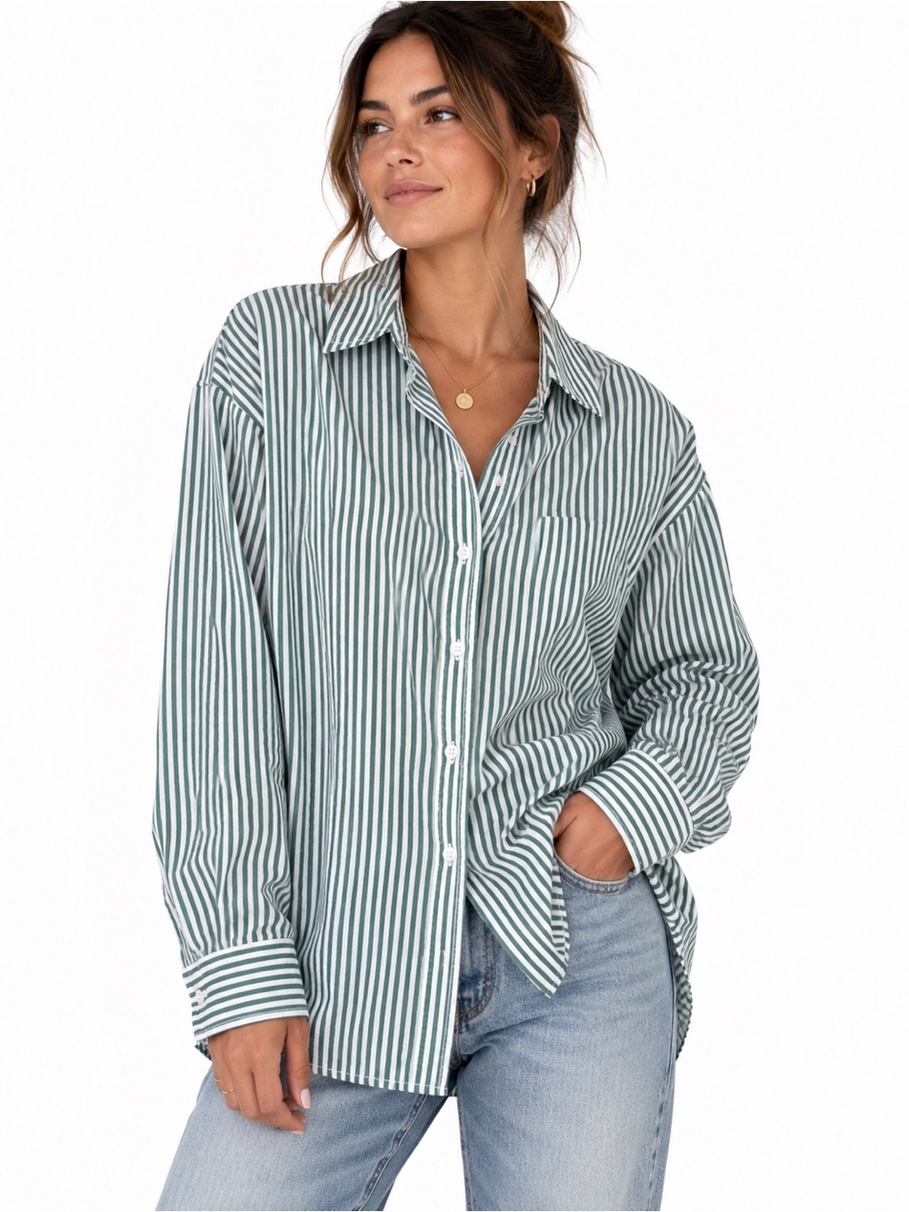 Oversized Fit Long Sleeve Collared Button-Down Shirt Green Striped M